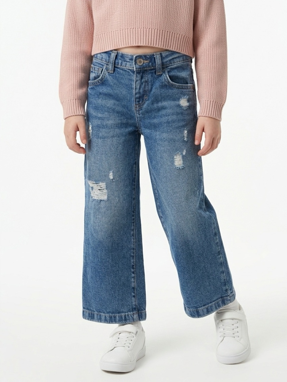 Cat & Jack Girls' Wide-Leg Distressed Blue Jeans